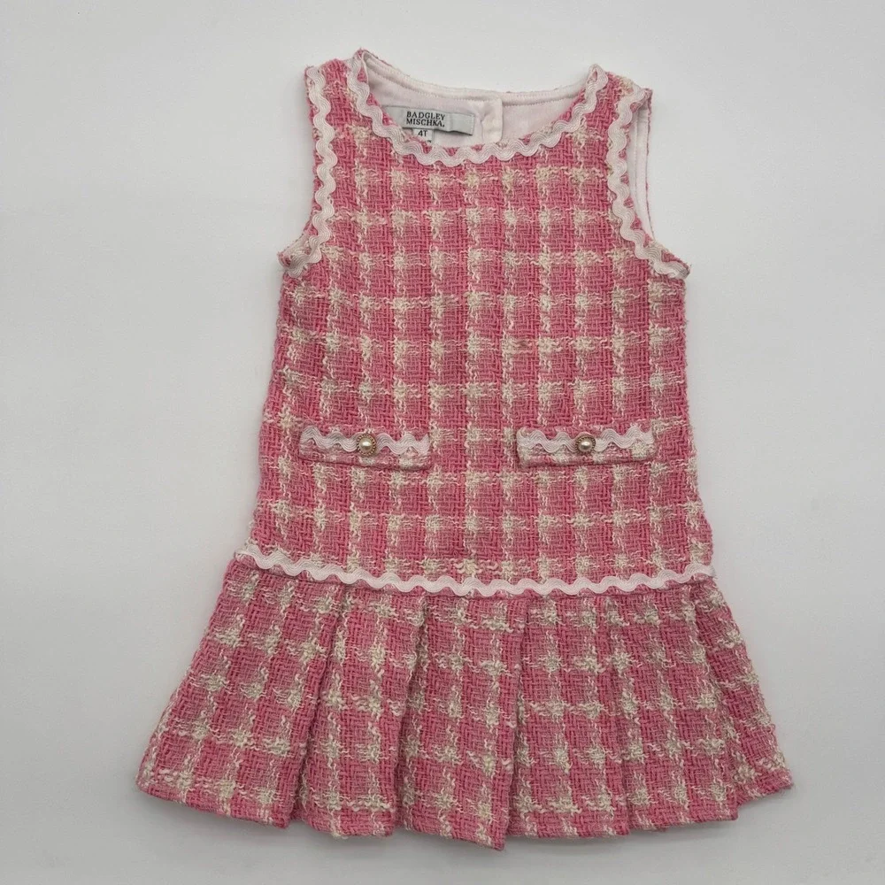 Badgley Mischka Caroline Pink Plaid Tweed Drop Waist Pleated‎ Dress 4T Girls